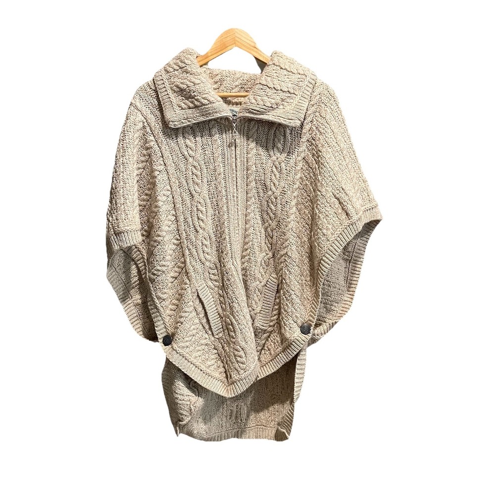 Aran Crafts Beige 100% Merino Wool Full Zip Women's Sweater Poncho Size Small